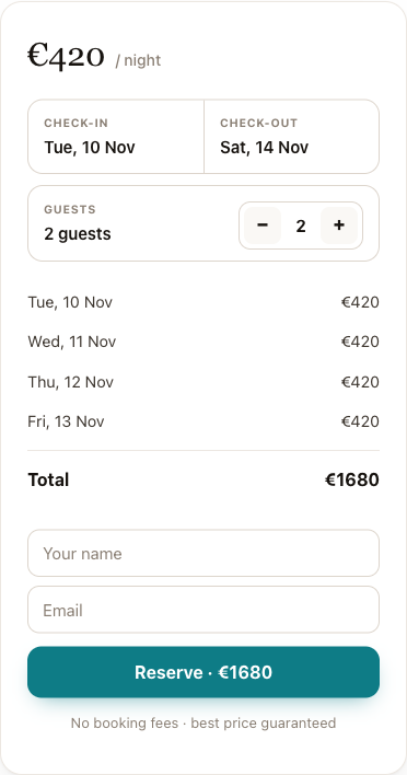 The direct booking widget with dates, guests and total price